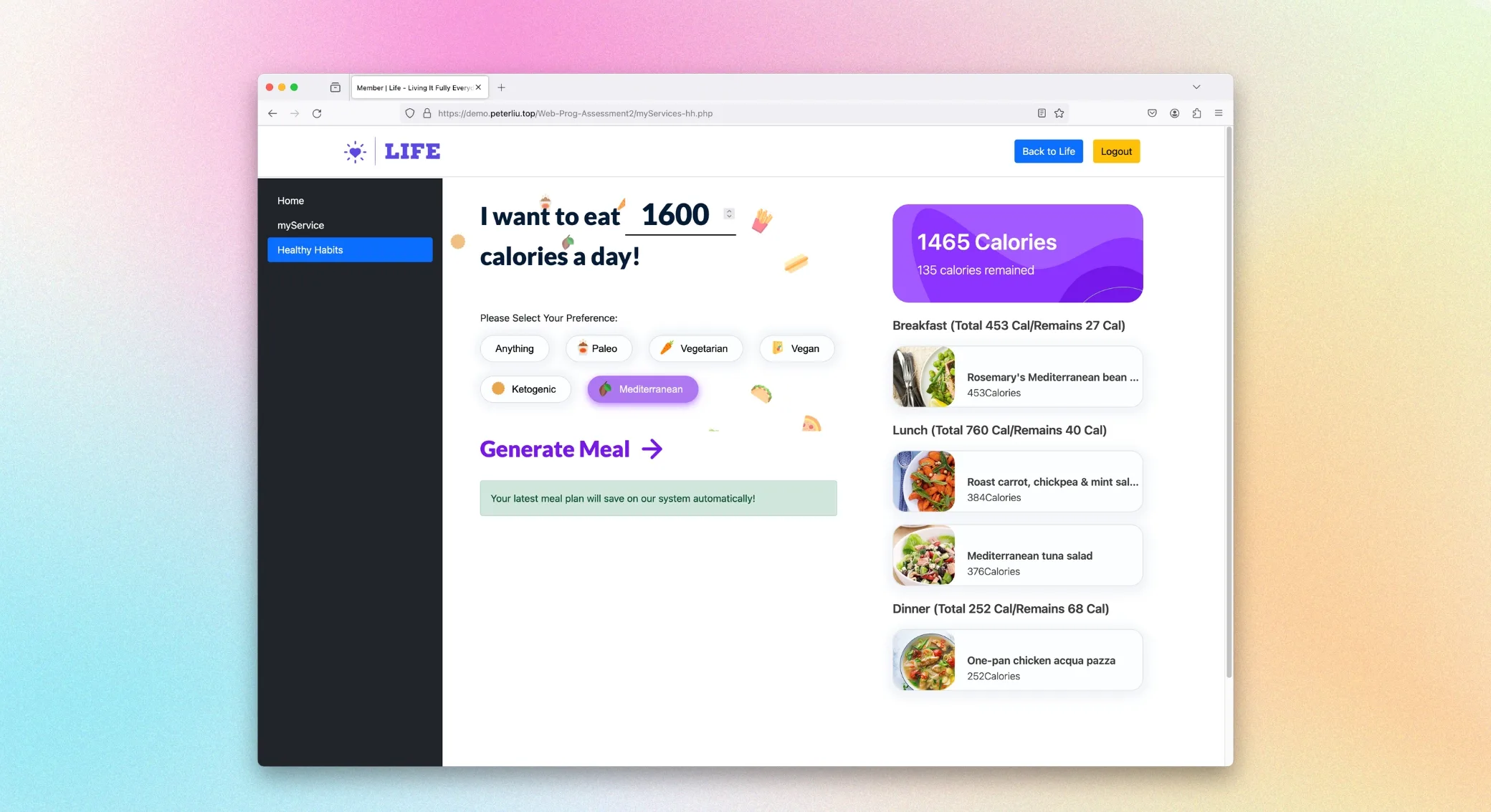 Membership: diet calculator developed by JQuery, MYSQL and PHP